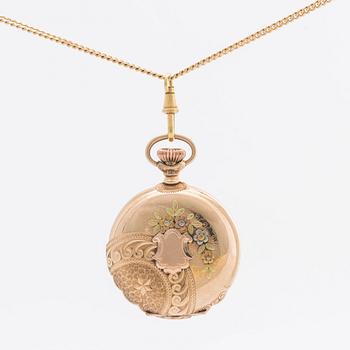 POCKET WATCH 14K gold Waltham and CHAIN 18K gold w 7 old-cut diamonds, 33 mm.