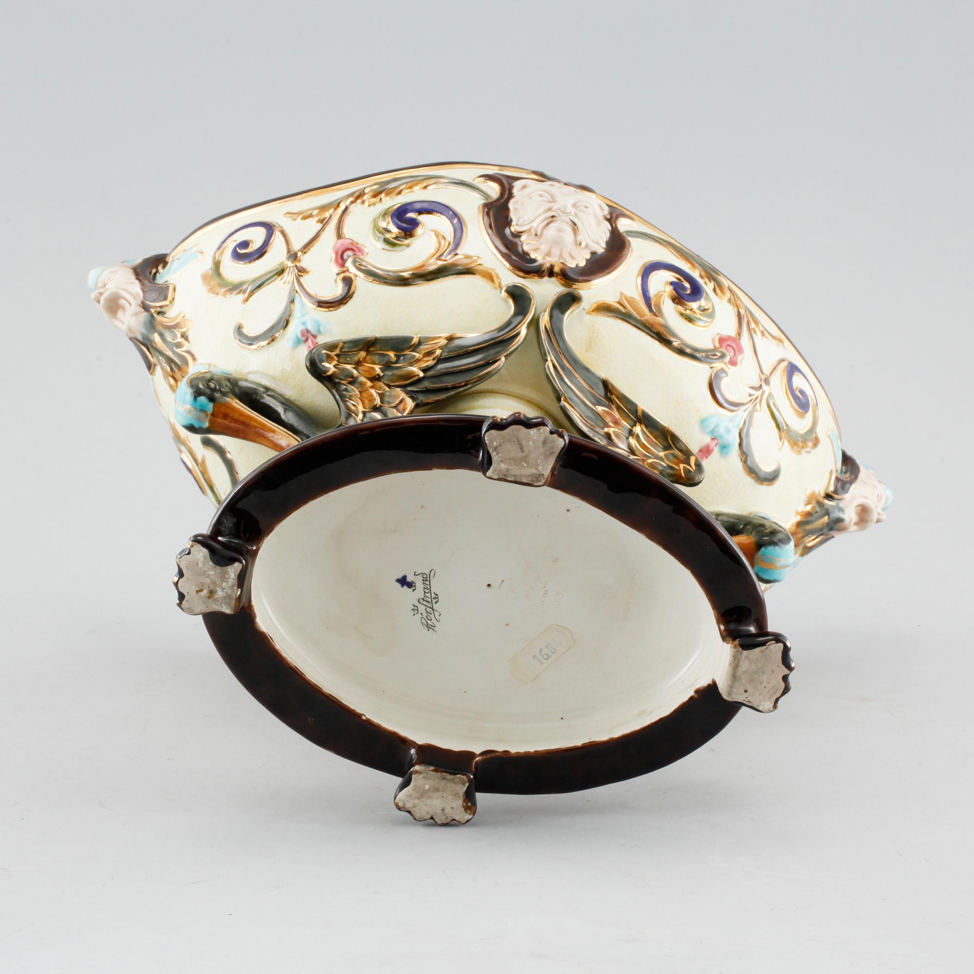 A majolica vase, a flower pot and a jardiniere from Rörstrand, around the year 1900.