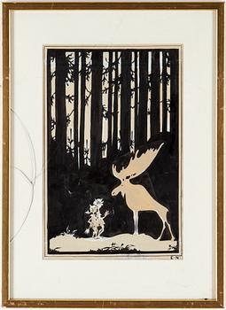 Einar Nerman · EINAR NERMAN, tusch och täckvitt samt collage, signerad E.N