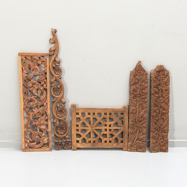 A group of six carved wooden panels, South East Asia,  19th /20th Century.