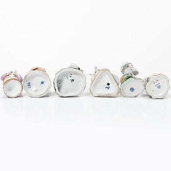 Six porcelain figurines, including Meissen and Höscht, Germany, 19th-20th century.