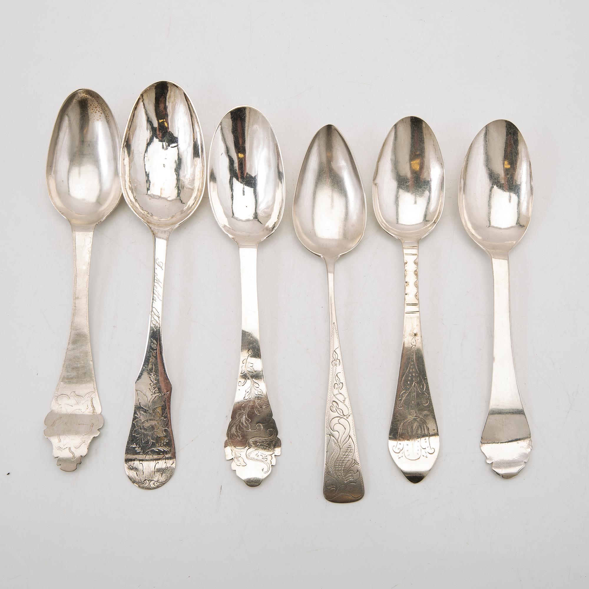 Spoons, 6 pieces, silver, 18th-19th century.