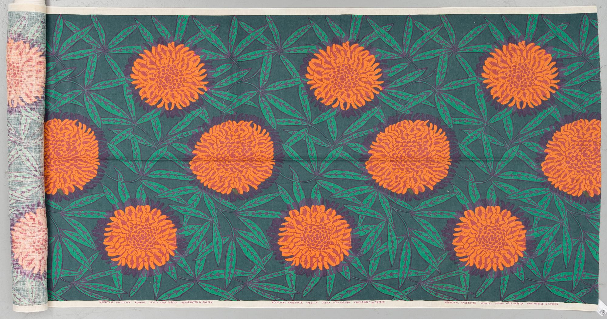 VIOLA GRÅSTEN, TYG, "Peonia", handtryckt, ca 566 x 124,5 cm (full bredd 131 cm), Mölnlycke.
