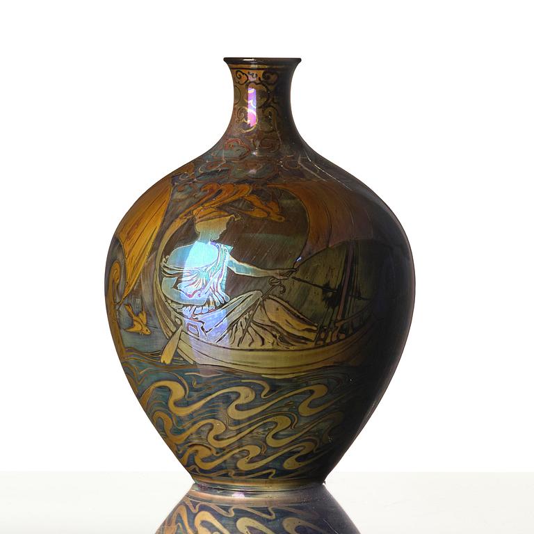 Walter Crane, & William Salter Mycock, a lustreware "Sea Maiden" vase, Pilkington Royal Lancastrian, England, 1910s.