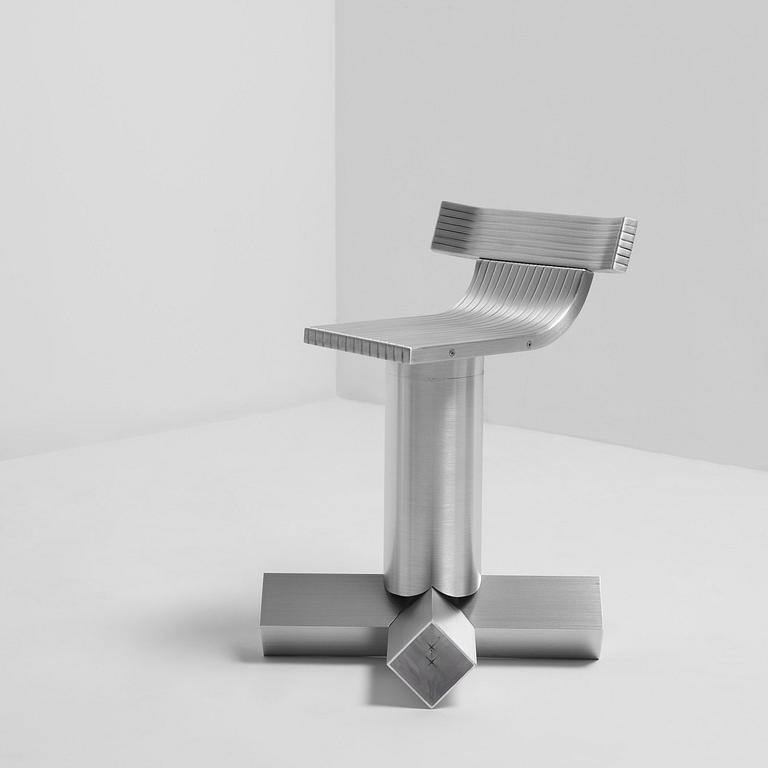 David Taylor, a unique stool, "Aluminium Stool (Guitar)", Studio Mellösaverken, Sweden, 2025.