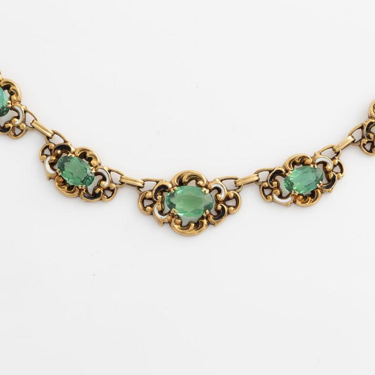 Necklace gold with green tourmalines and enamel.