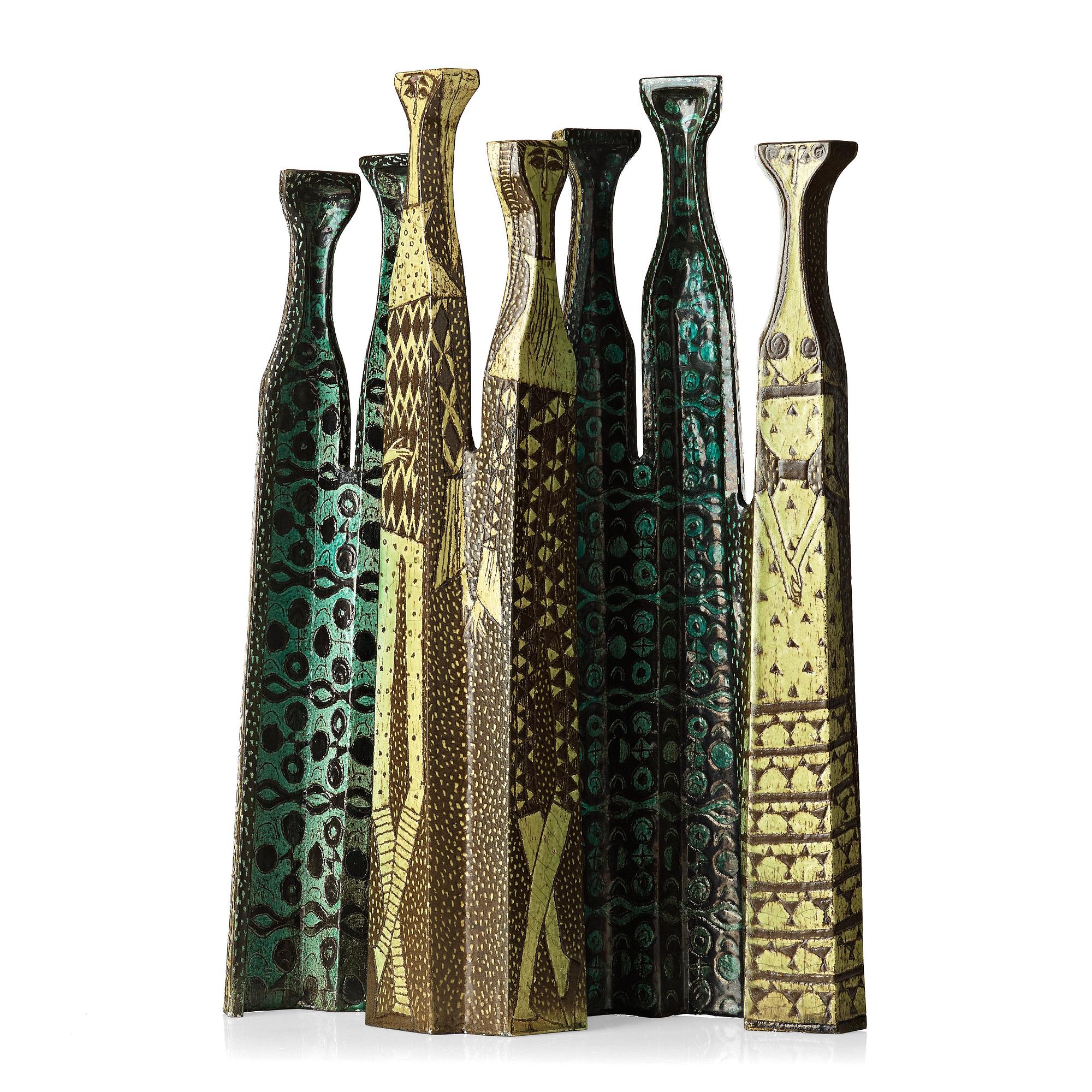 Birger Kaipiainen, a glazed ceramic sculpture of seven standing women, Rörstrand, Sweden 1950's.