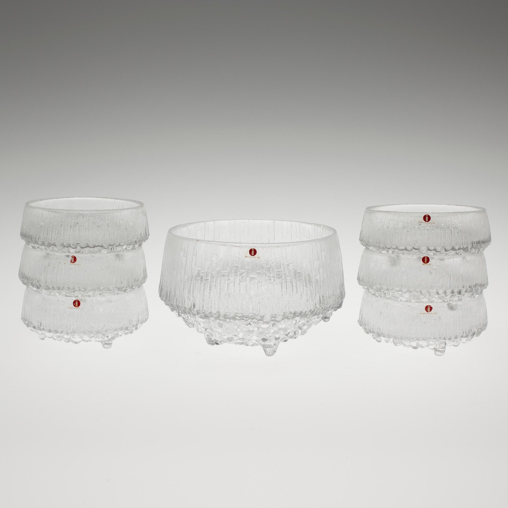 DESSERTSKÅL samt SKÅLAR, 6 st, glas, "Ultima Thule" design Tapio Wirkkala, Iittala.