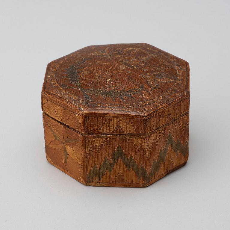 A Swedish 18th century straw-work box with cover, with the monogram of king Adolf Fredrik.