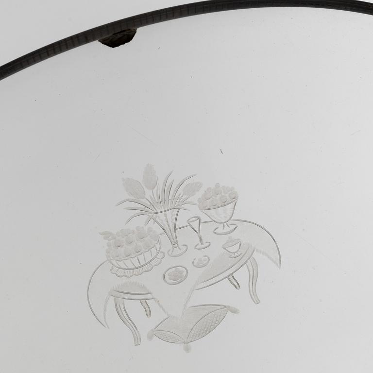 Edward Hald, an angraved glass bowl and plate, Orrefors, Sweden, model H932 and H348.