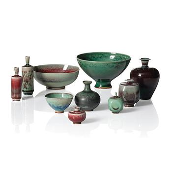 45. Berndt Friberg, a set of 6 stoneware vases and 3 bowls, Gustavsberg studio, Sweden 1944-47 and 1960-70s.
