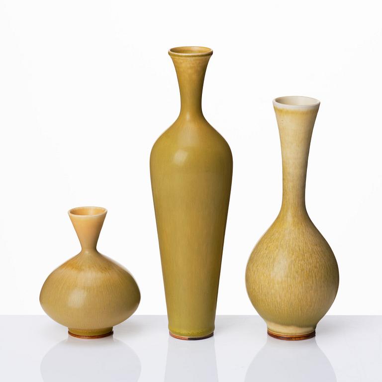 Berndt Friberg, a set of three stoneware vases, Gustavsberg studio, Sweden 1957, 1976 and possibly 1959.