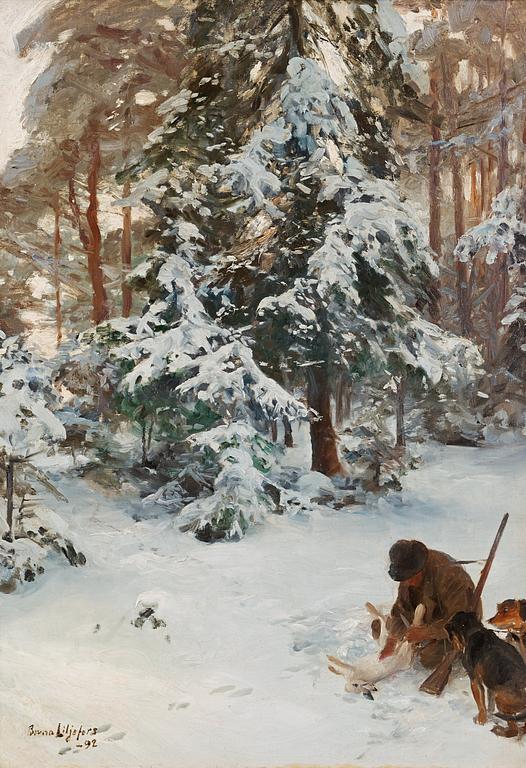 Bruno Liljefors, Winter landscape with hunter, hounds and prey.