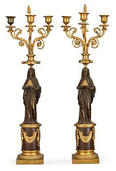 599. A pair of Louis XVI late 18th century gilt and patinated bronze three-light candelabra.