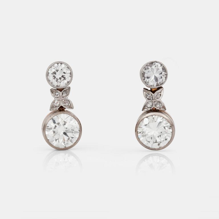 A pair of brilliant- and rose-cut diamond earrings. Total carat weight circa 3.00 cts.