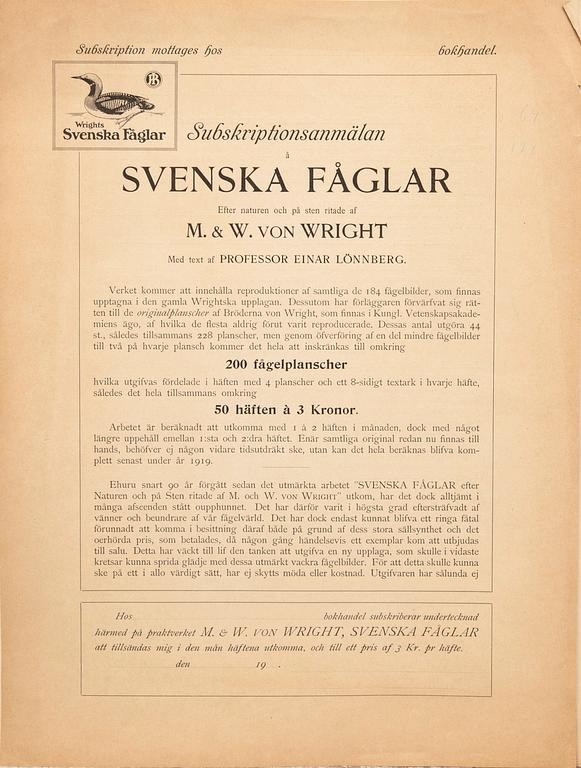 Bröderna von Wright, planschverk, "Svenska Fåglar", Ivar Baarsens förlag, Stockholm år 1918-1924.