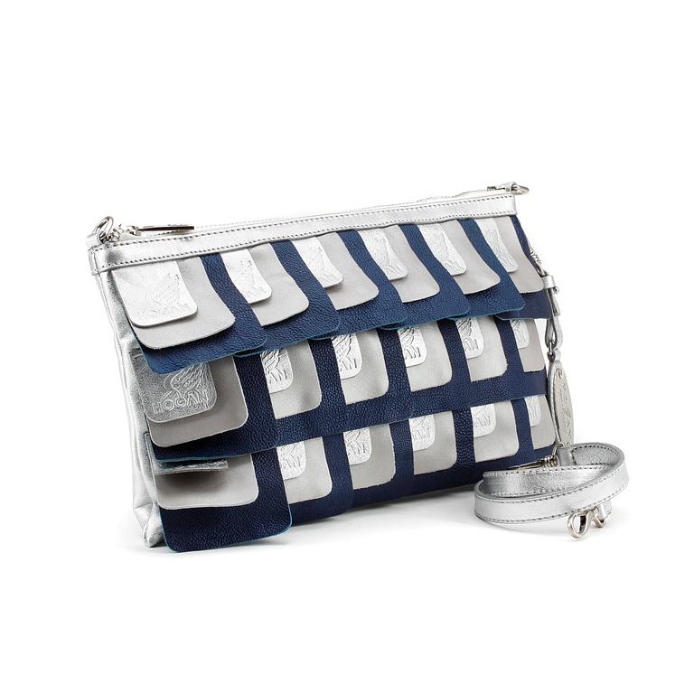 HOGAN BY KARL LAGERFELD, a silver and blue leather clutch with detachable shoulder strap.