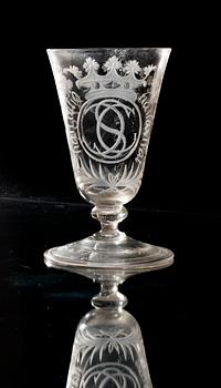 A Swedish wine glass, Kungsholm´s glass manufactory, engraved Steninge and dated 1705.