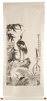Li Kuchan, "Crane, Cliff, Bamboo and Lotus", a fine hanging scroll, signed and dated 1959.
