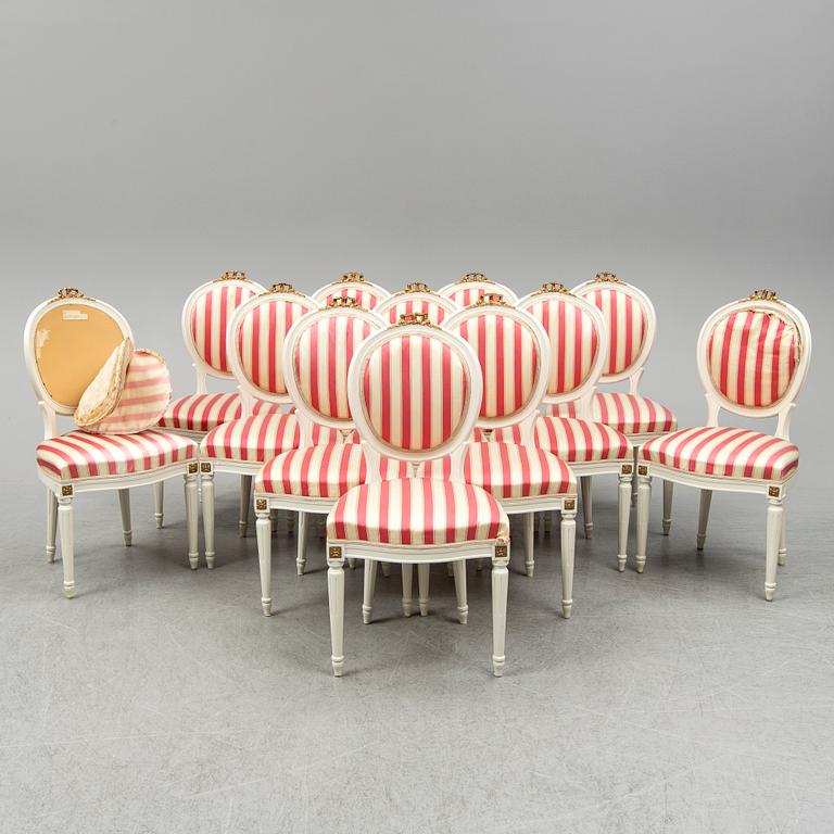 A set of 12 Swedish chairs, gustavian style, for NK (Nordiska Kompaniet), mid 20th century.