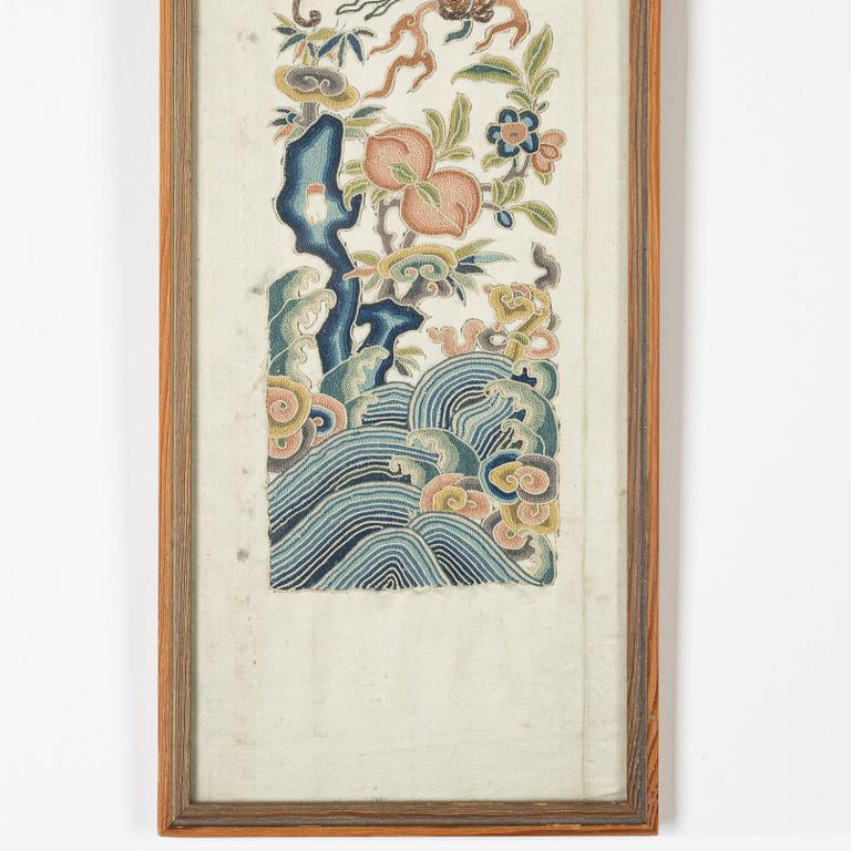 A Chinese silk embroidered robe panel, Qing dynasty (1644-1912).