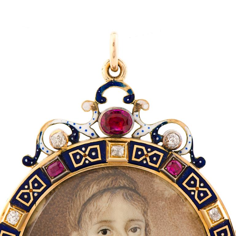 HÄNGE / RAM, miniatyrmålning från tidigt 1800-tal, 18K guld, emalj, diamanter, rubiner, pärlor.