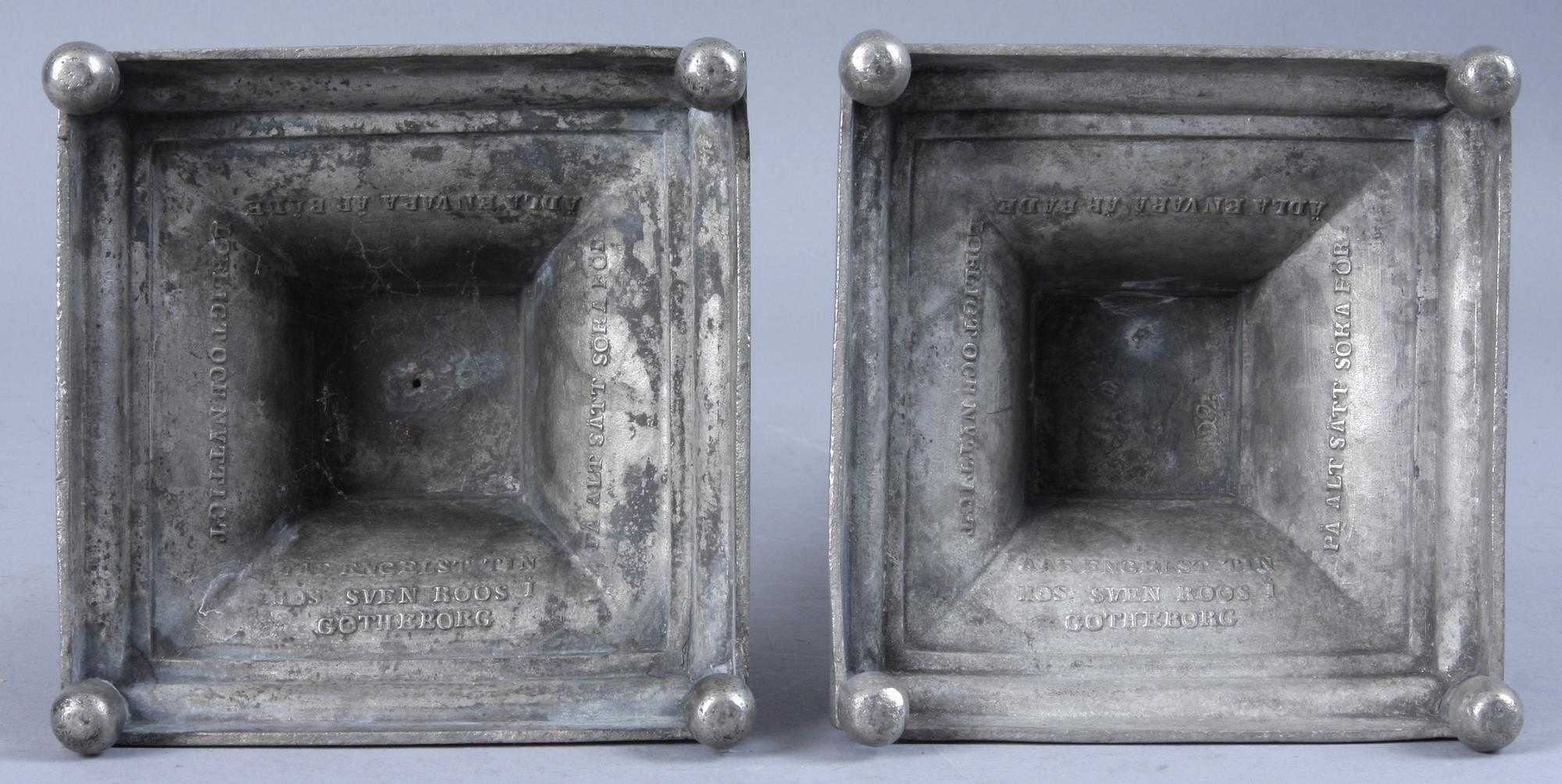 LJUSSTAKAR, ett par, tenn, 1798. Otydl mästarstämplar, troligen Vimmerby.