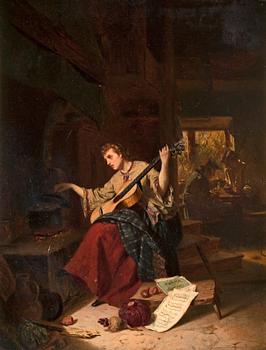 365. Carl d'Unker, Köksinteriör med gitarrspelande kvinna.