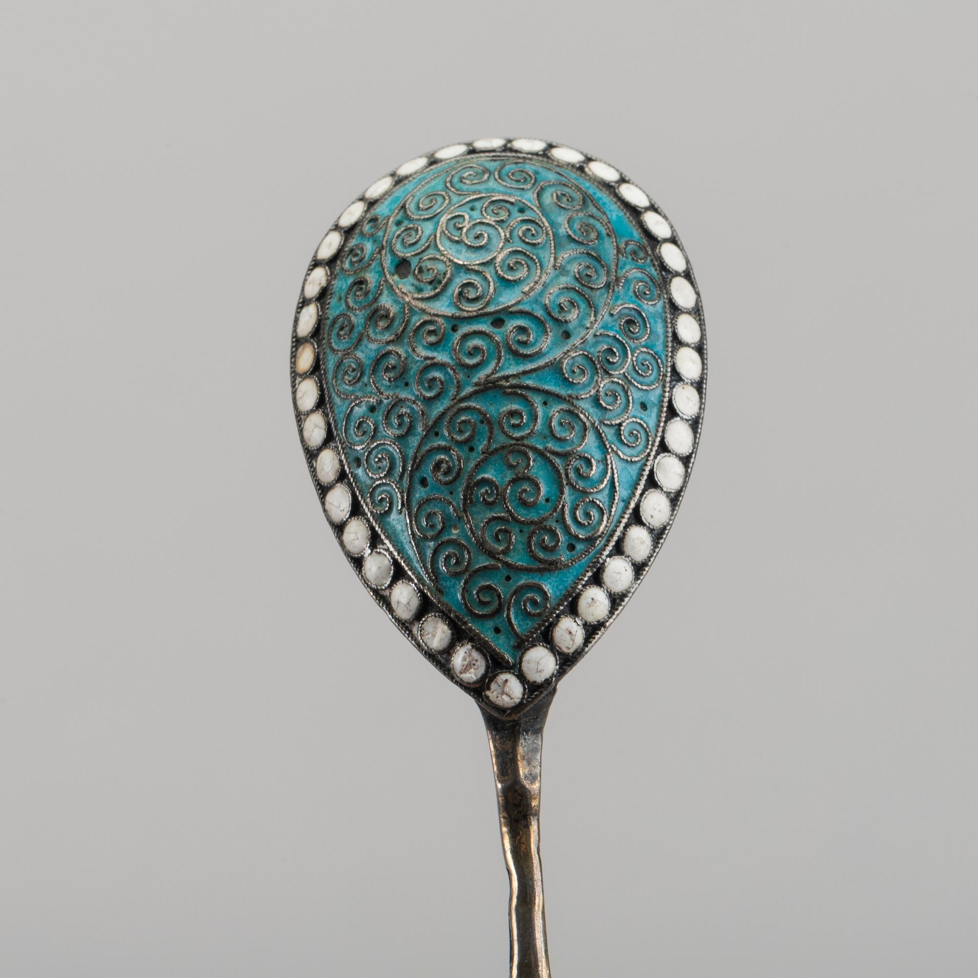 A set of six Russian silver and enamel spoons, around 1900 weight ca 195 gr.