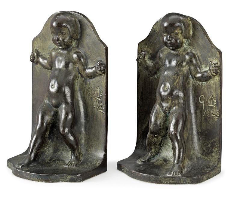 A pair of Axel Gute patinated metall bookends, Sweden 1920's.