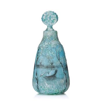 Daum, an enamel painted cameo glass 'Swan' bottle with stopper, Nancy, France, ca 1900.