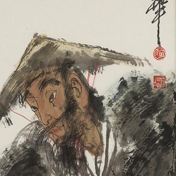 MÅLNING, av He Yuchun (1960-), Jiang Taigong sittande ensam på en sten, signerad och daterad 2007.
