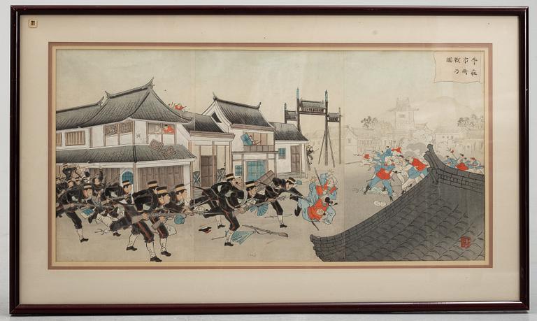 Kobayashi Kiyochika, samt oidentifierad konstnär, triptyker, 2 st, färgträsnitt. Japan, sent 1800/tidigt 1900-tal.