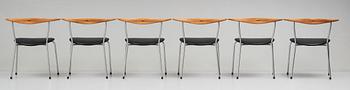Hans J. Wegner, a set of six "JH-701" oak and black leather chairs by Johannes Hansen, Denmark.