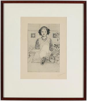 CARL LARSSON, etching, signed C.L. in pencil. Executed 1917. State 2. Very rare. "Young girl".