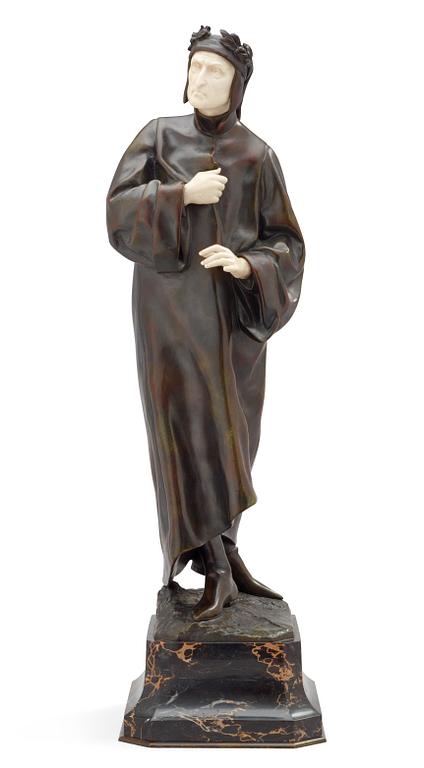 An Eduardo Rossi patinated bronze figure of Dante, mounted on a marble base, Paris.