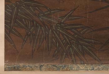 A hanging scroll of birds and magnolia in a garden, Qing dynasty.