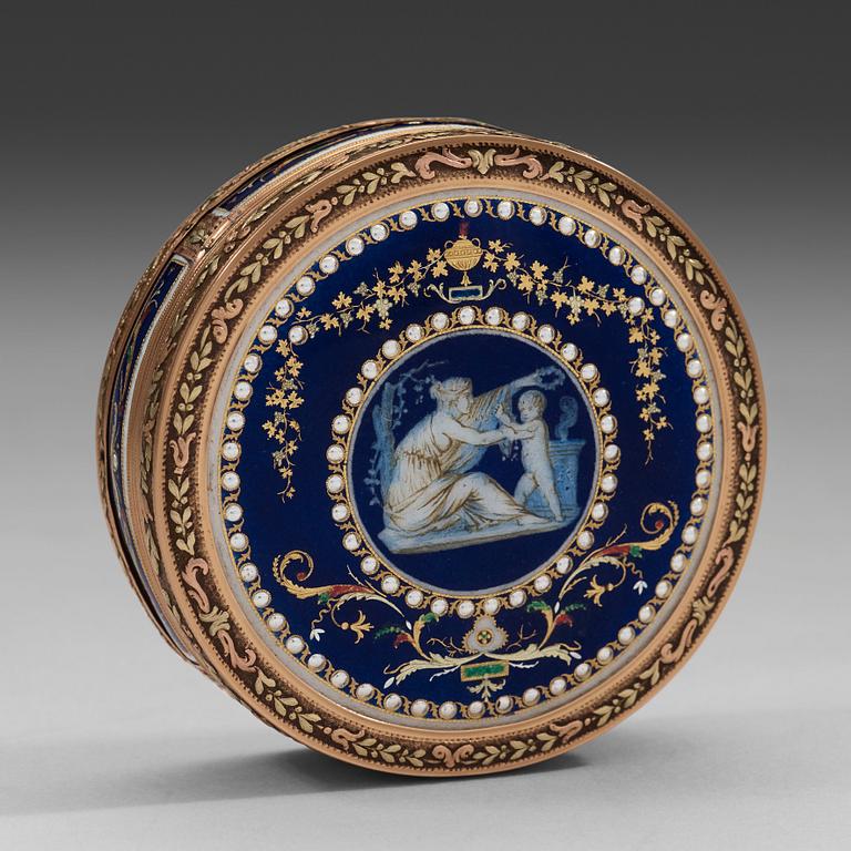 A Swiss late 18th century gold and enameld snuff-box, unidentified makers mark.