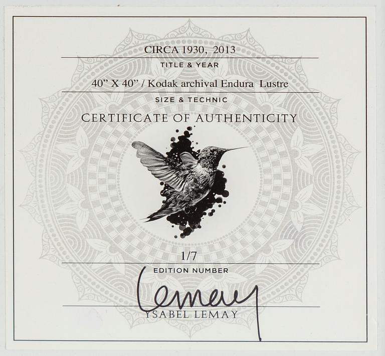 YSABEL LEMAY, Kodak archival Endura Lustre. Signed on label on verso. Numbered 1/7.