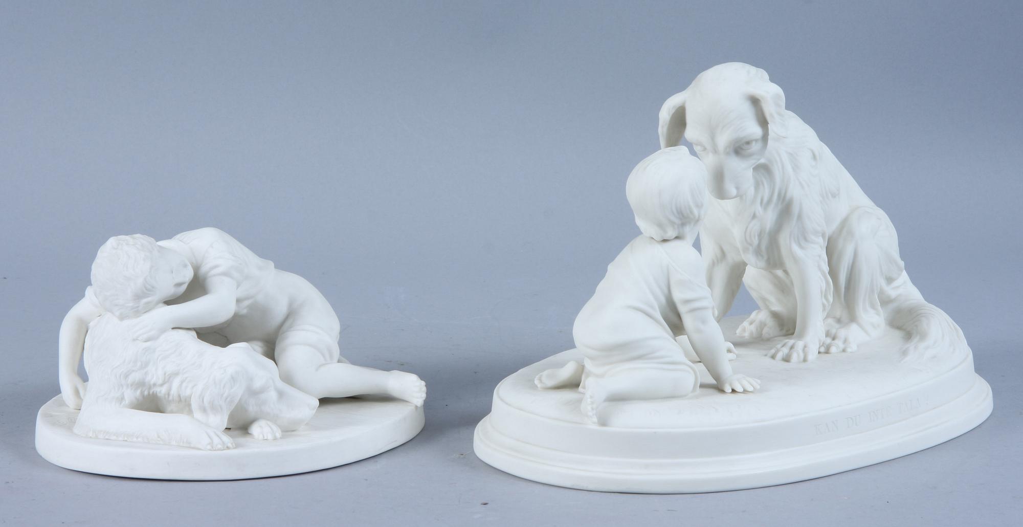 FIGURINER, 2 st, parian, "Kan du inte tala" 1907 samt "Hund med gosse", 1891, Gustafsberg.