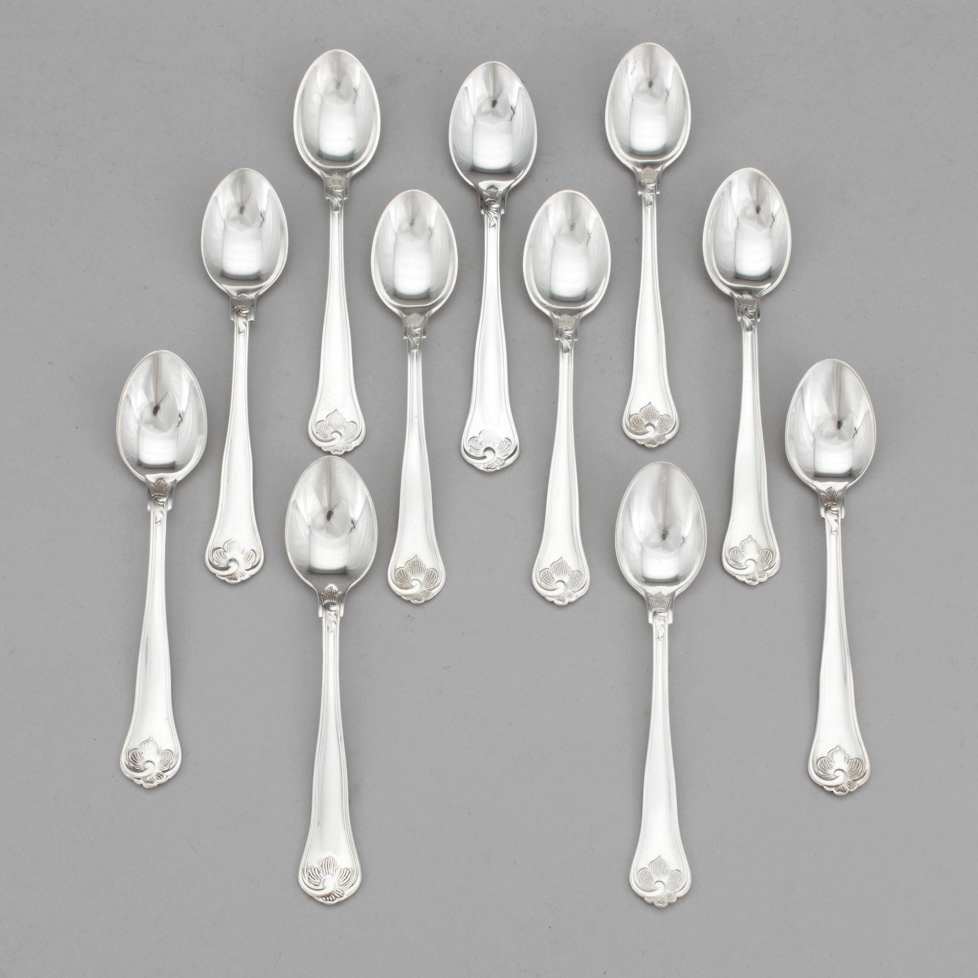 KAFFESKEDAR, 11 st, silver, "Sachsisk", Cohr och Mema,  sent 1900-tal. Vikt 150 gram.