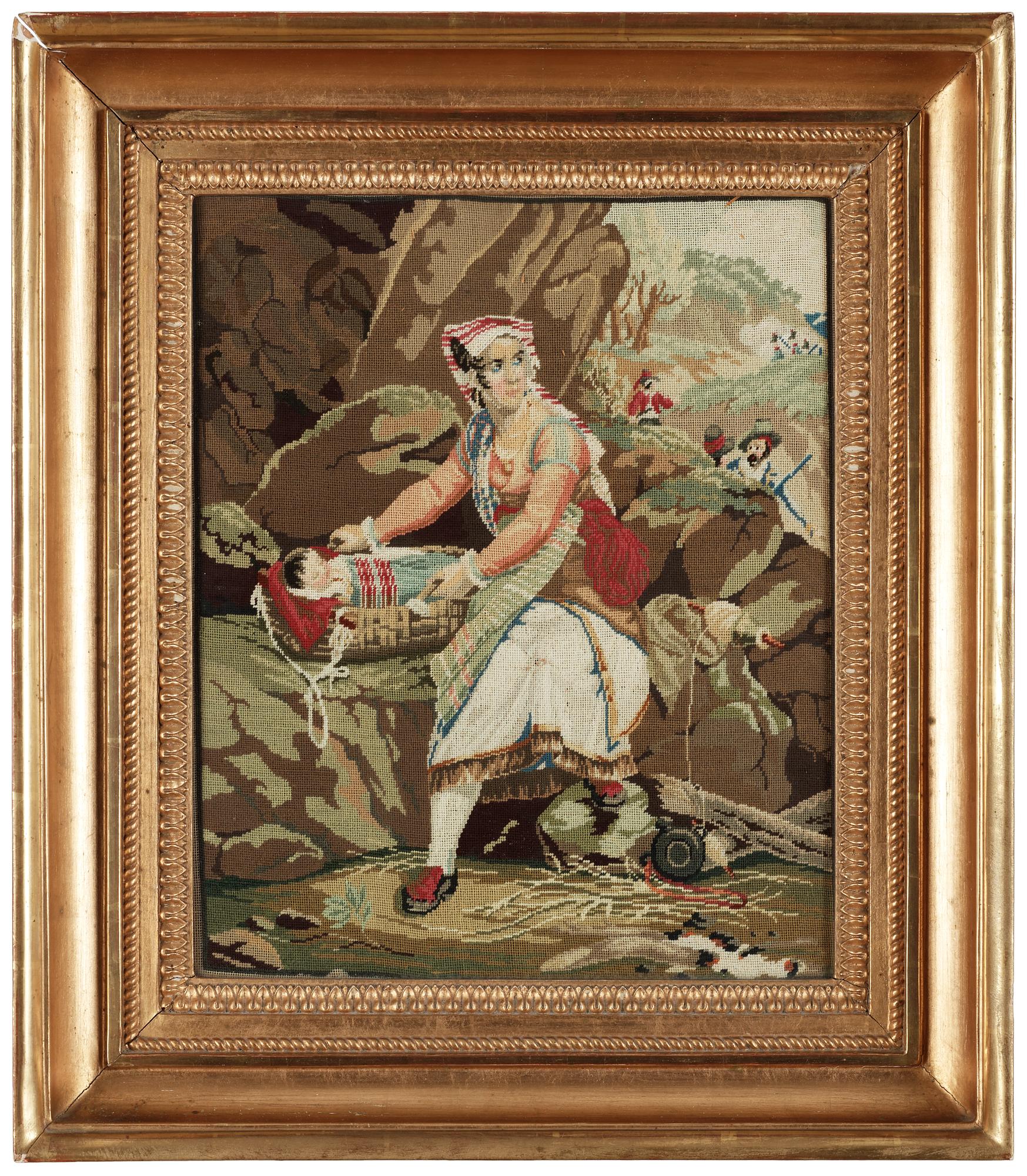 BRODERAD TAVLA, sk petit point. 1800-talets slut.