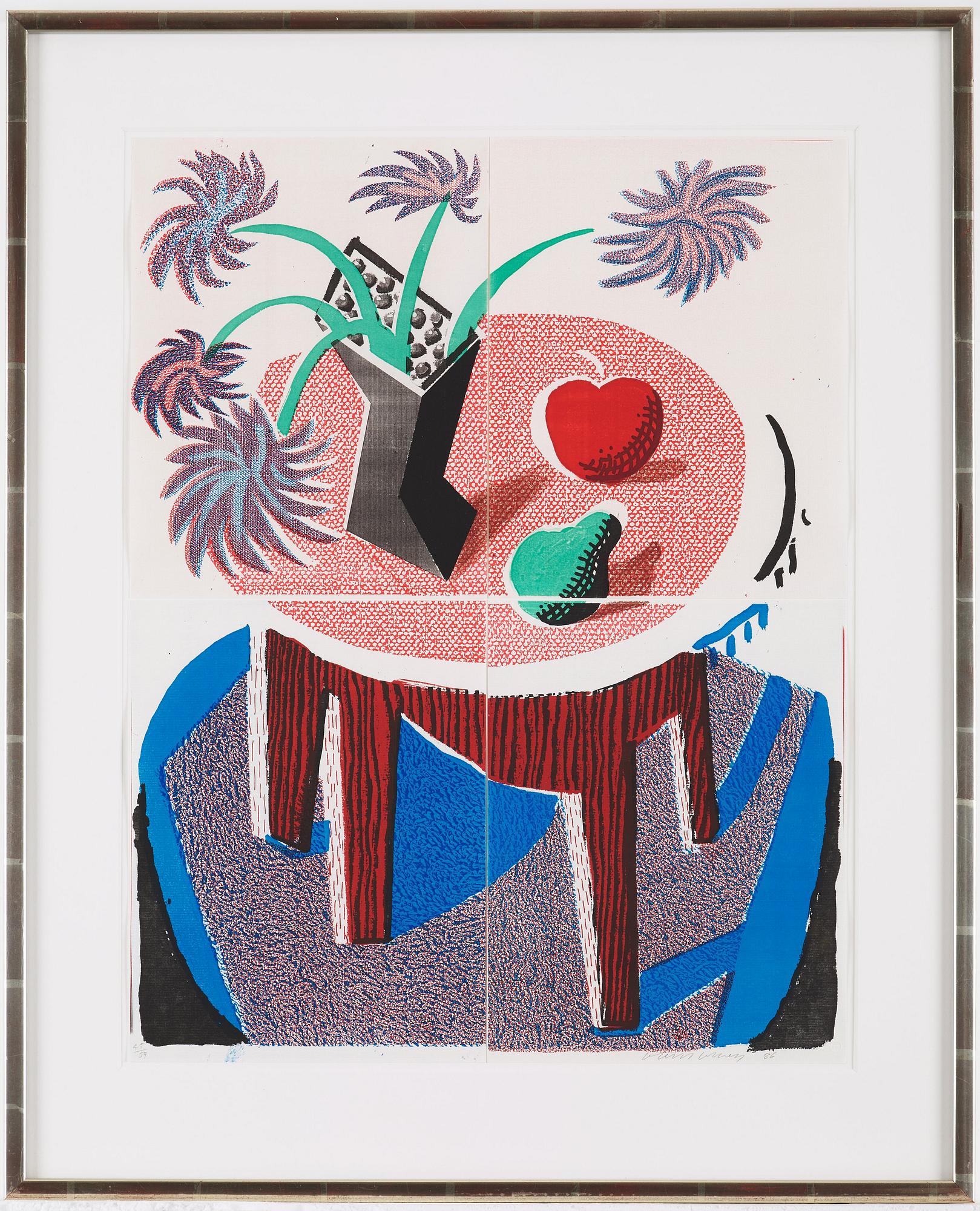 David Hockney, "Flowers, apple and pear on table".
