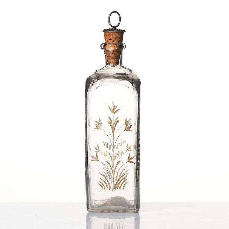 A set of six glasses and a bottle, Sweden, 18th century with King Gustavus IIIs monogram.