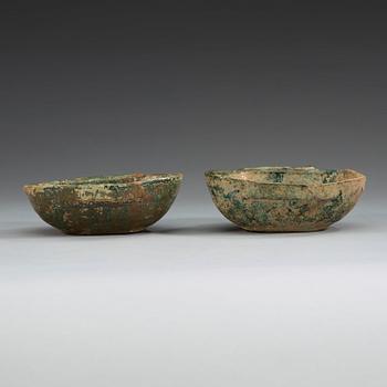 Two green glazed beakers, Han dynasty (206 B.C. - 220 A.D).