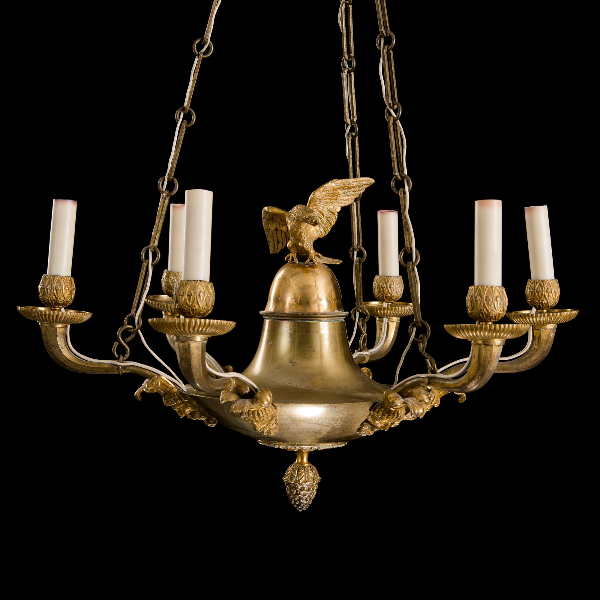 An Empire early 19th century gilt bronze six-light hanging lamp.