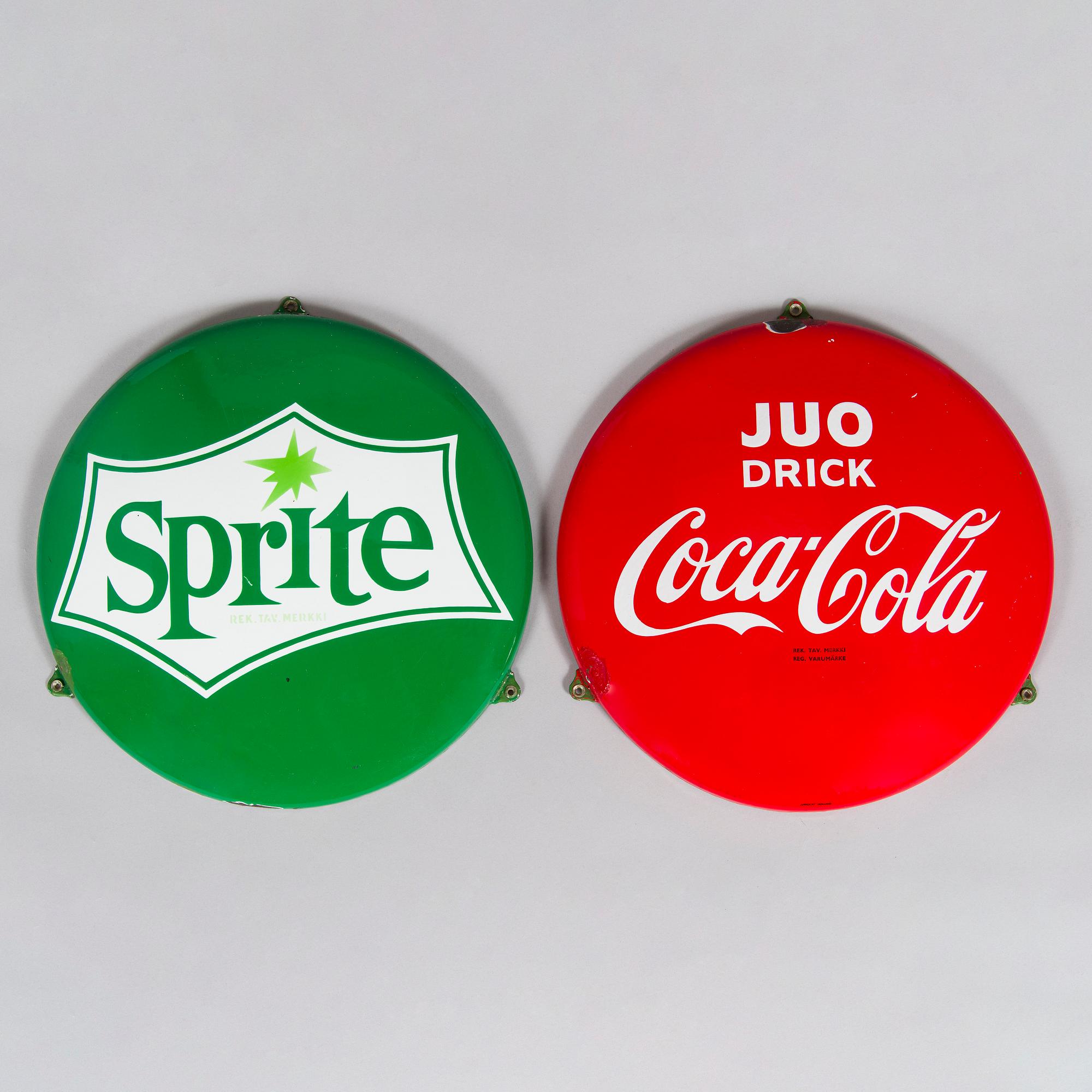 Reklamskyltar, 2 st, Coca-Cola och Sprite, 1970/80-tal.