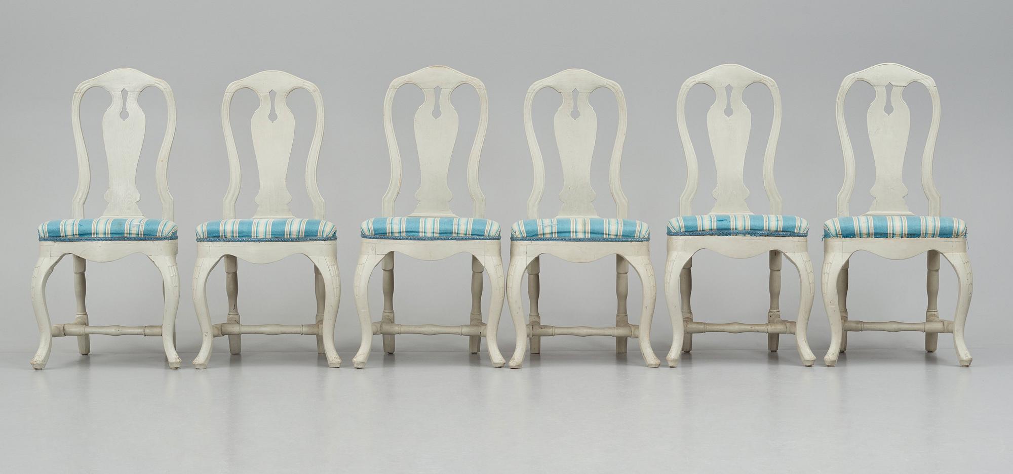 A set of six Swedish Rococo chairs, second part of the 18th century.