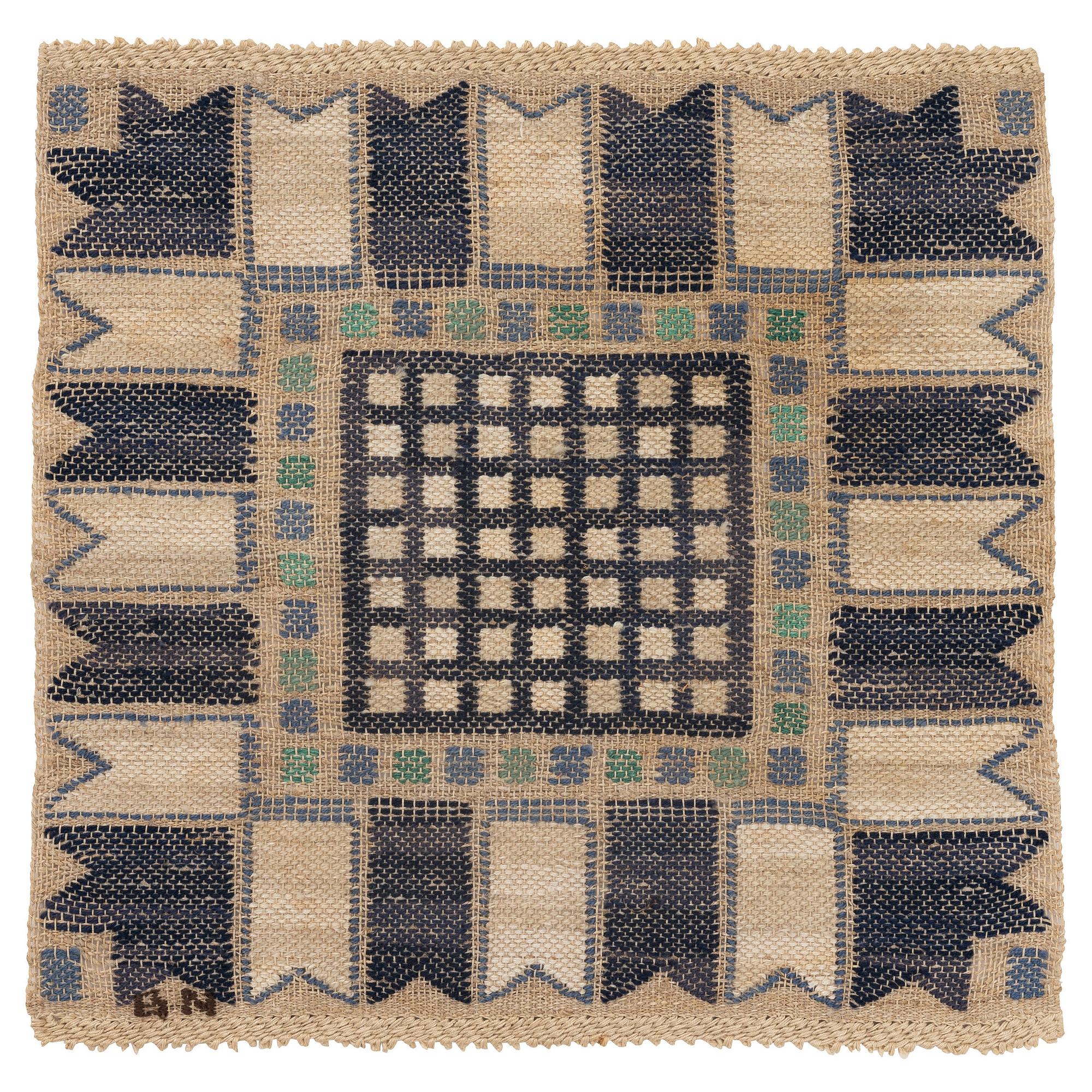 Barbro Nilsson, a textile, "Blå Stjärnan", Ca 42 x 42 cm, flat weave, signed BN.