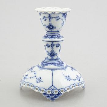 A group of two vases, two bowls and a candlestick, "Blue fluted full lace"/"Musselmalet", Royal Copenhagen.